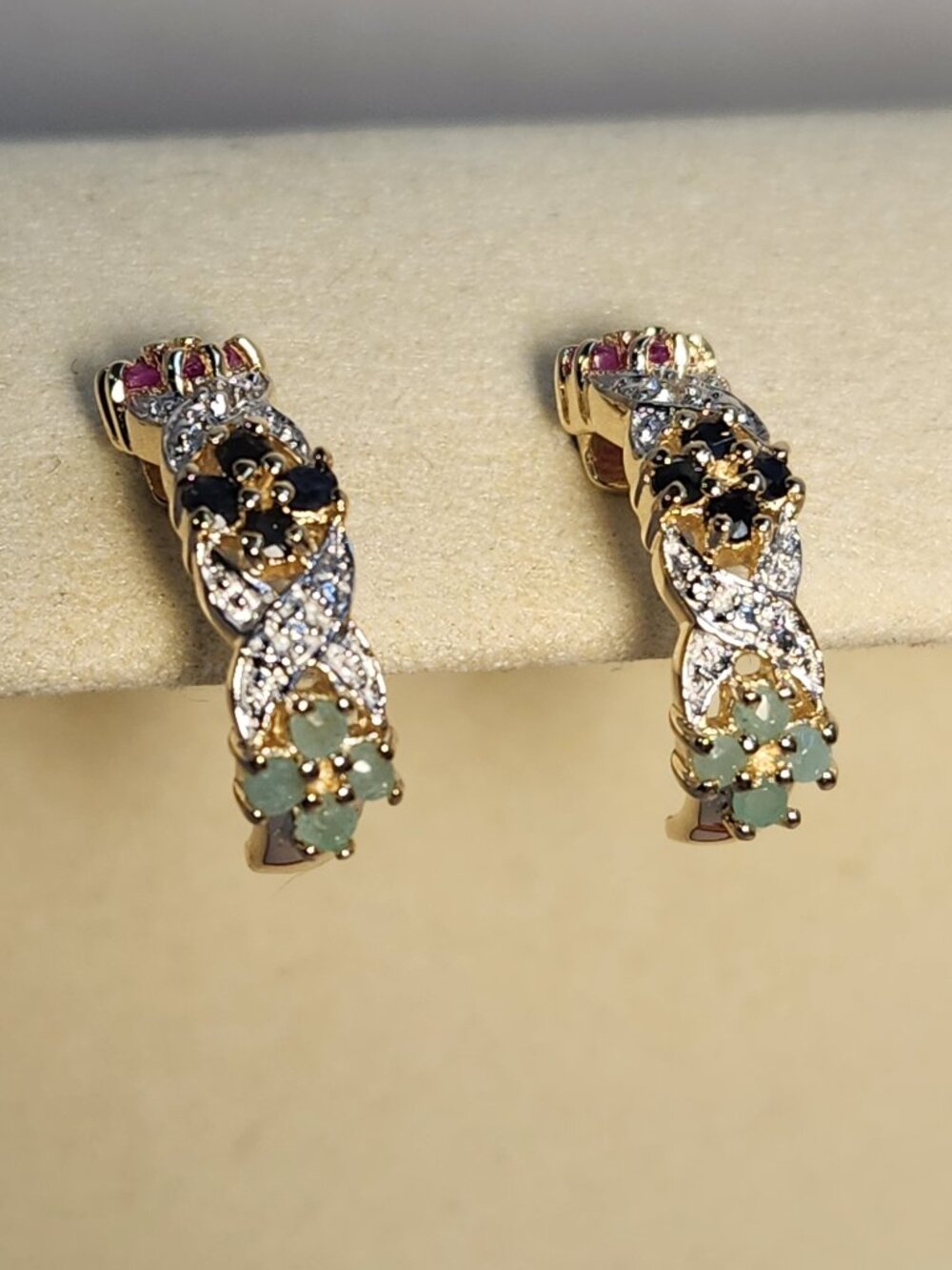 Vintage Signed Ruby Sapphire Emerald Earrings – 18K Gold Vermeil / 925